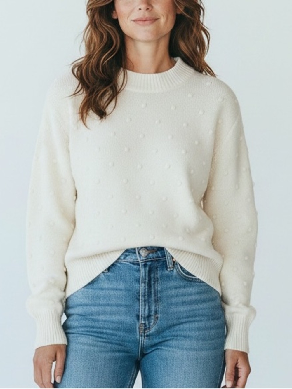 Mango MNG cream sweater all-over textured bobble ribbed crew neck and cuffs